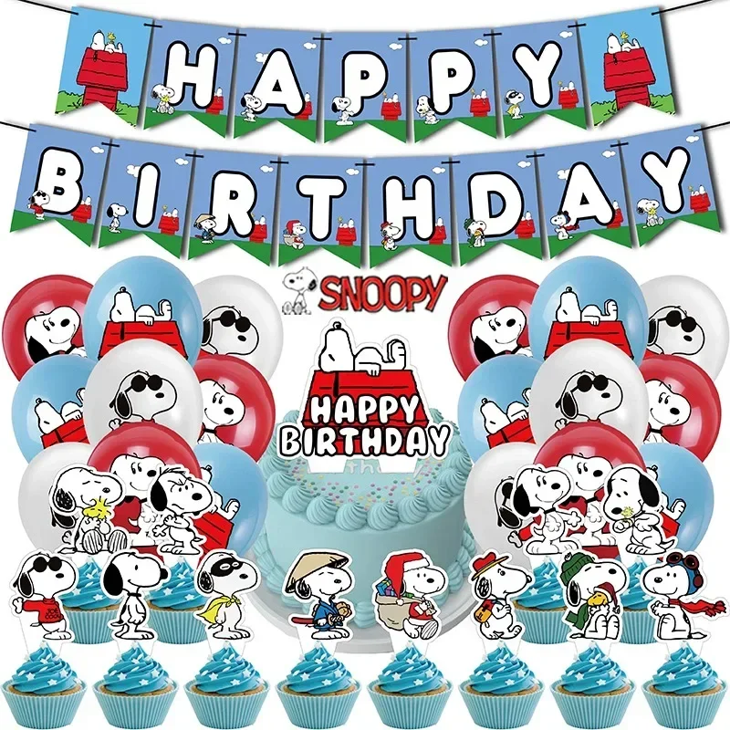 Snoopy Geburtstagsparty-Dekorationen, Einweggeschirr-Set, Kuchenflagge, Luftballons, Cupcake-Topper, Bearbeitung, Mahlzeit, Feiertage, Kindergeschenke