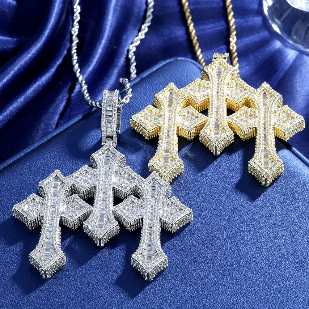 Hip Hop Jewelry Classic Retro Iced Out Three Cross Crystal Pendant Big Size Shiny Baguette Diamond Charm Cross Pendant