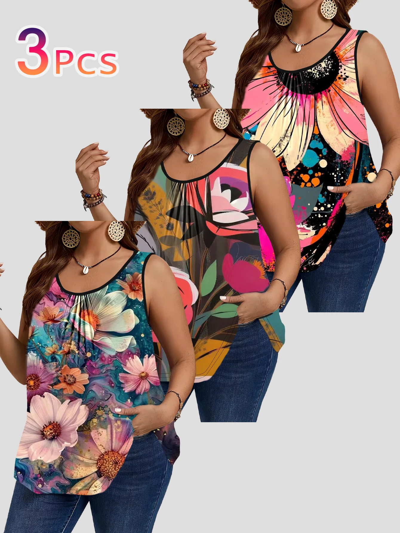 3-Piece Set of Plus-Size Sleeveless Vests | Oil Painting Style Colorful Floral Print Loose-Fitting Round-Neck Casual Outerwear Top