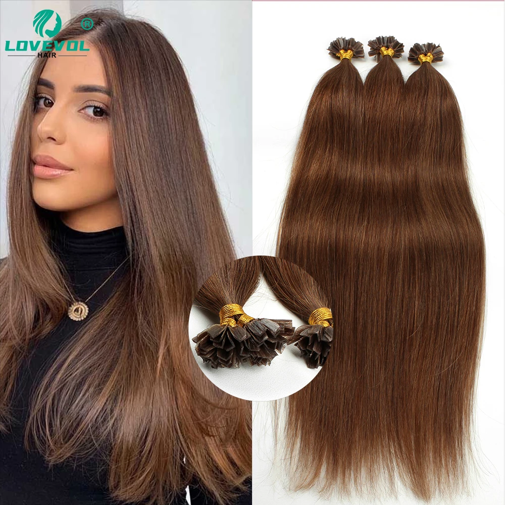 Lovevol 12“-26” Straight V Tip Remy Human Hair Extensions Fusion Hair Nail Tip Pre Bonded Keratin Capsules Hair Extensions Brown