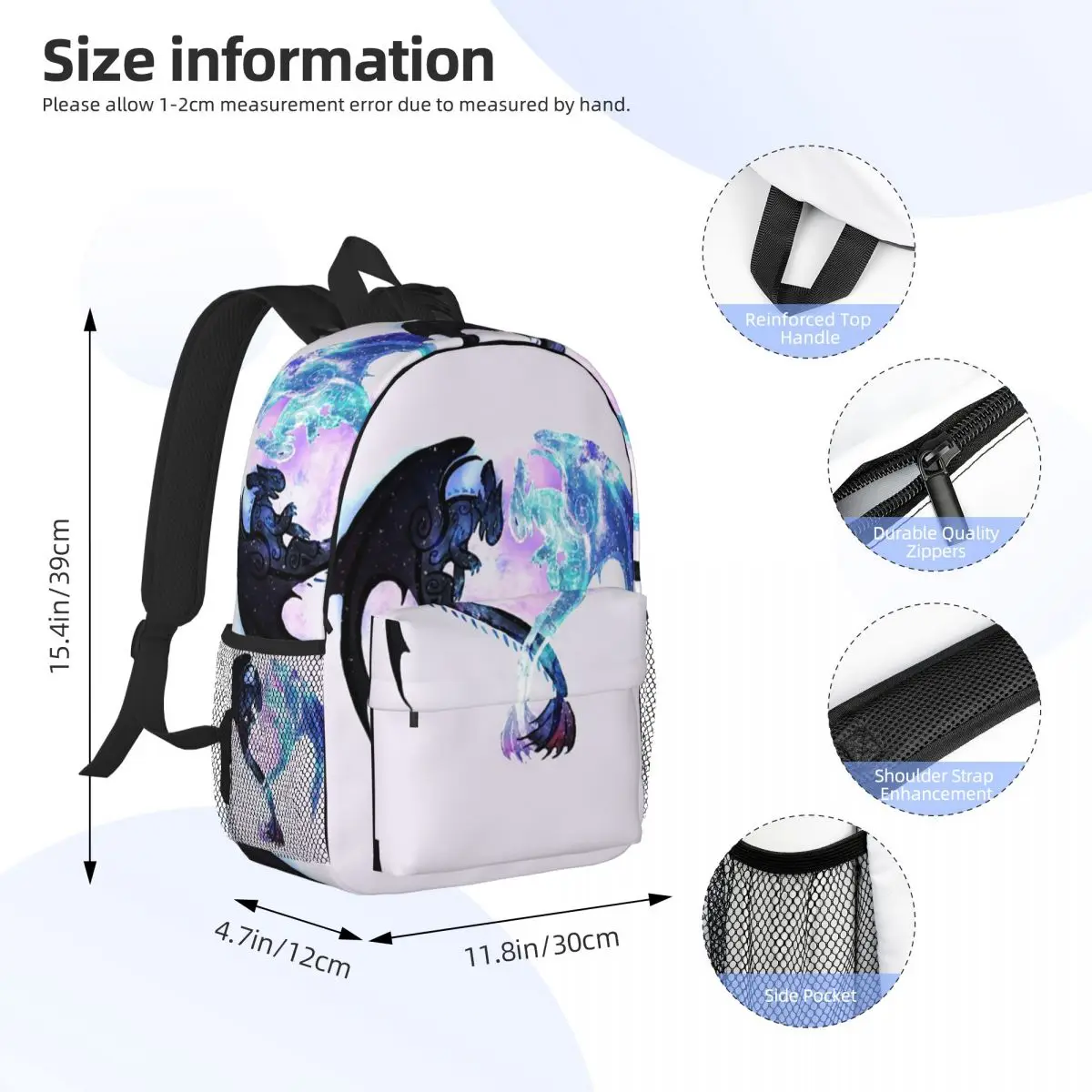 Dragon Heart Toothless And Light Fury Printed Lightweight Casual Schoolbag For School, Outdoor, Shopping, Office 15inch