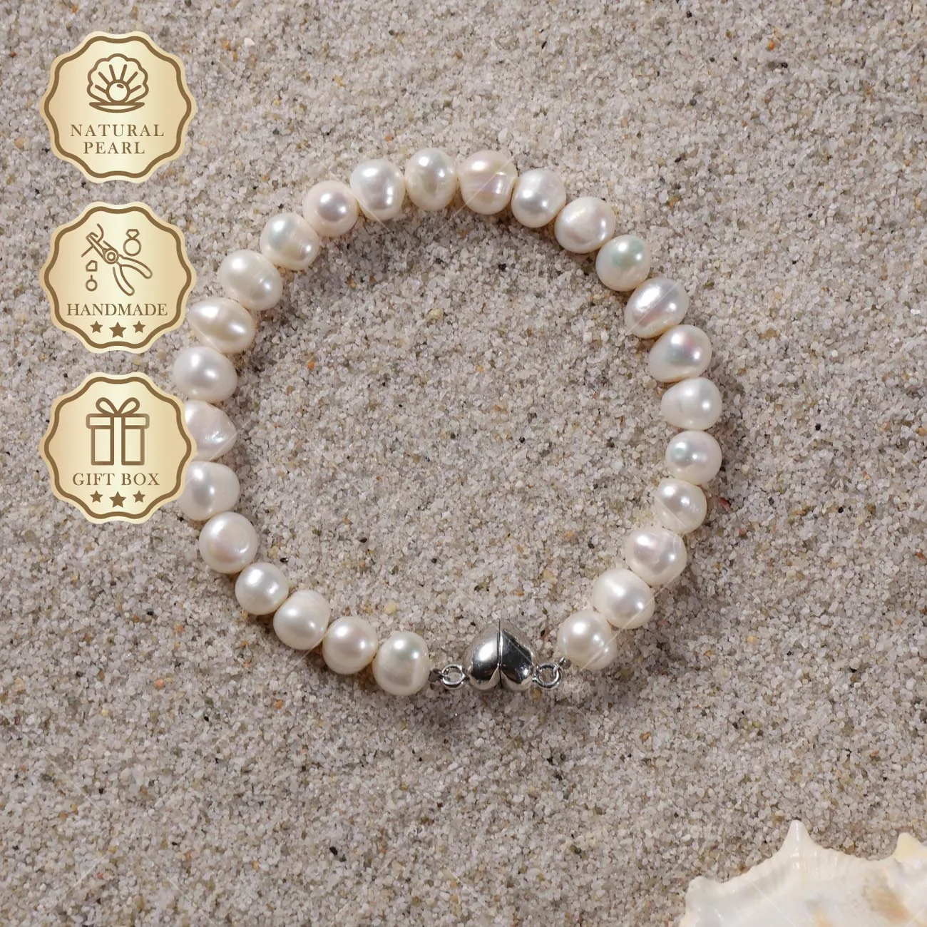 

Mysoya White Freshwater Pearl Bracelet 6-7mm Silvery Heart Clasp Gift Box Valentine's Day Birthday Gift For Her