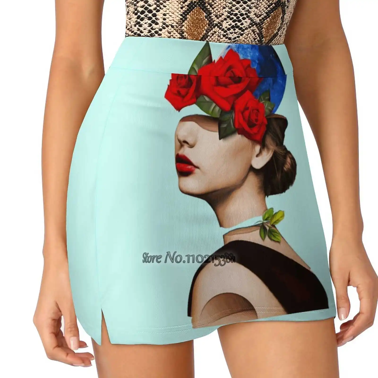 

Surreal Woman Collage Fake Two-Piece Hakama Skirt Women Pencil Skirts Workout Sports Mini Skirt Surrealism Woman Face World