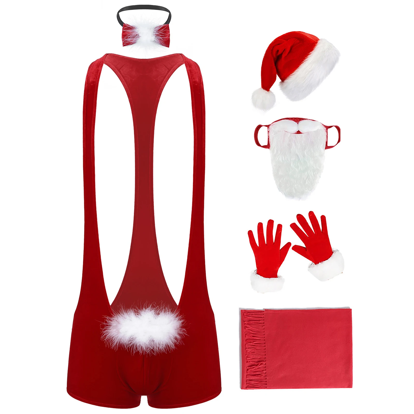 Costume natalizio da uomo Lingerie Body da Babbo Natale con papillon e cappello Guanti da barba Sciarpa Puntelli Set Carnevale serale di Capodanno