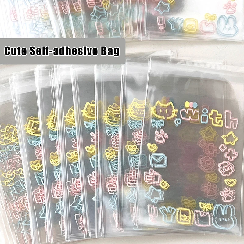 50Pcs Transparent Storage Bag Photocard Card Sleeves Cute Graffiti Kitten Self-adhesive Opp Bag Kpop Idol Photo Cards Protective