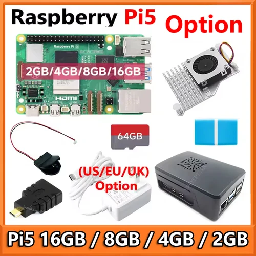 Raspberry Pi 5 16GB /8GB/4GB/2GB RAM opción Pi5 8GB KIt PD fuente de alimentación/RTC/64GB tarjeta/ventilador disipador de calor/lector de tarjetas