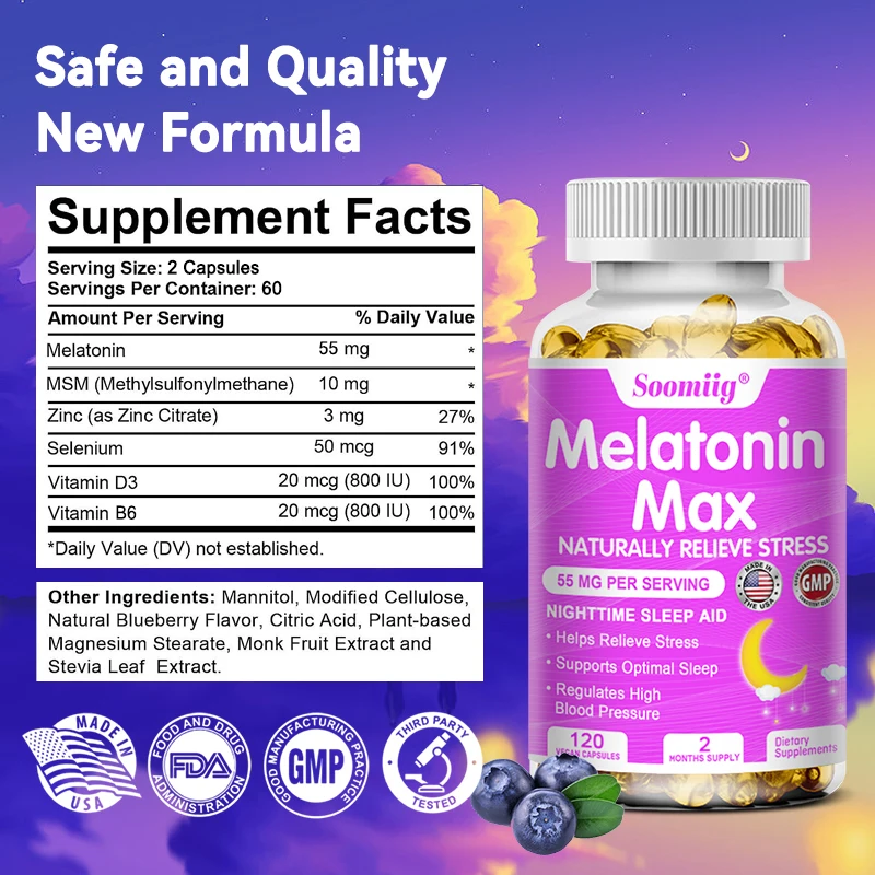 Soomiig Melatonin Capsules Help Improve Beauty, Sleep, Mood, Immune & Brain Health Maintain Emotional Balance