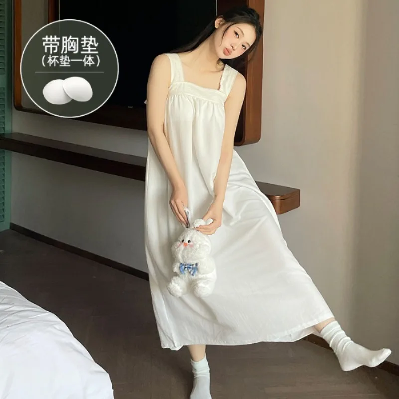 Vestido largo con tirantes coreanos de talla grande 3XL, pijamas holgados y dulces para mujer coreana con almohadilla en el pecho, ropa de dormir de casa lisa hasta el tobillo