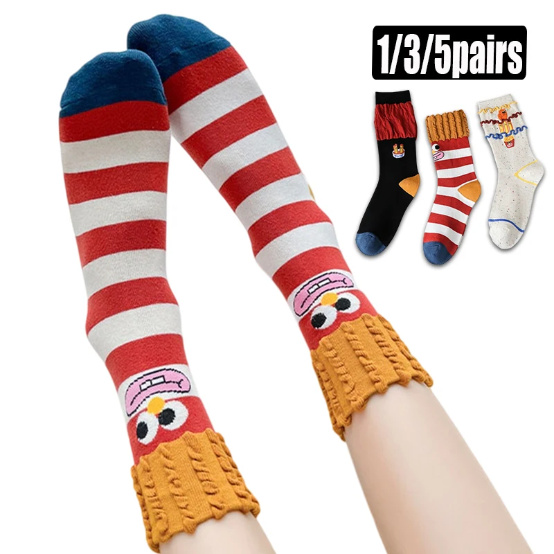 1/3/5 Pairs Women's Cute Cartoon Crew Socks Fun Striped Food Pattern Soft Knit Ruffle Cuff Casual Novelty Sock Mid-Calf Sox
