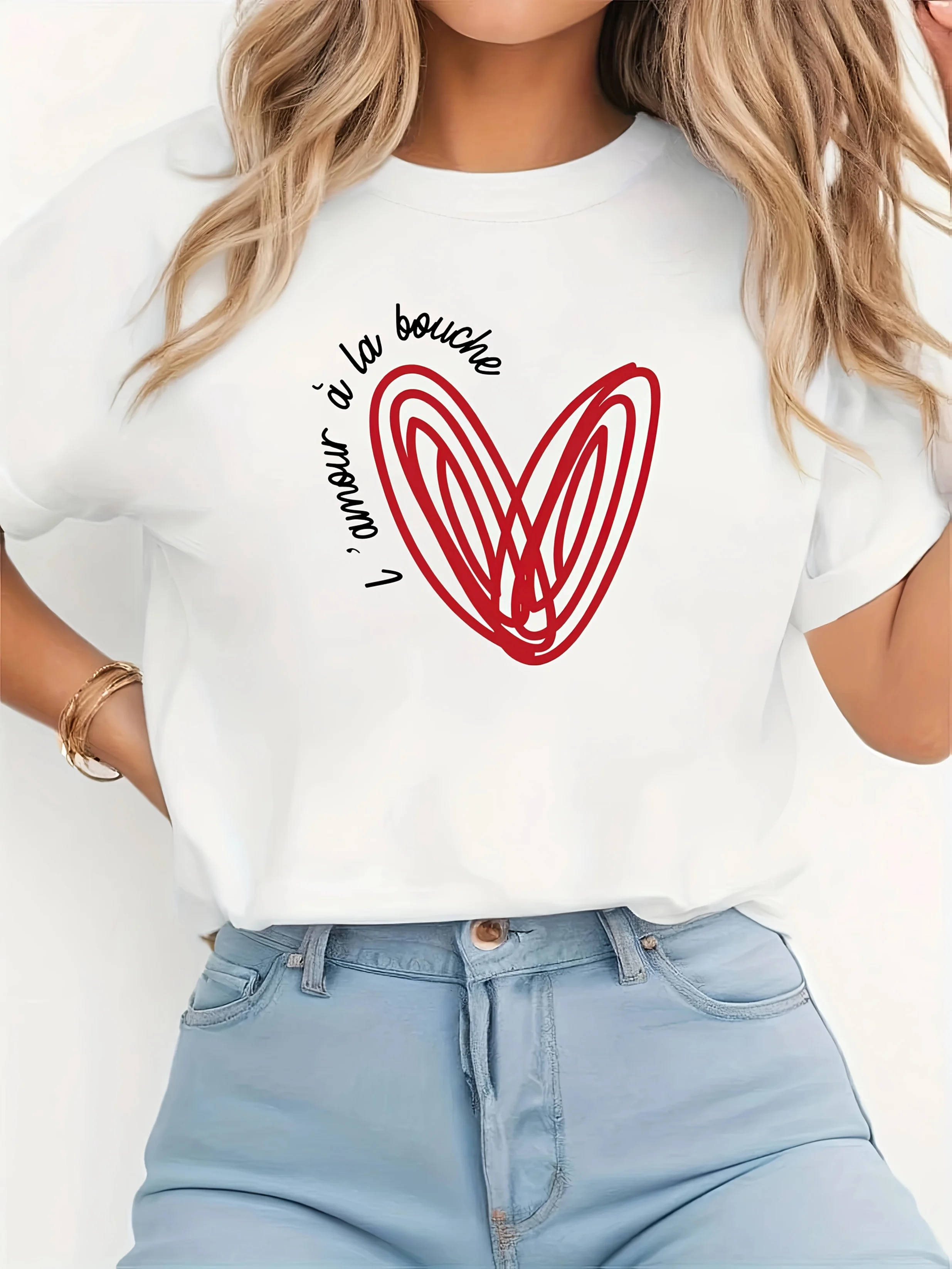 

Женская повседневная футболка с коротким рукавом и круглым вырезом с рисунком, красным сердцем и французским текстовым принтом Harajuku, повседневная с коротким рукавом