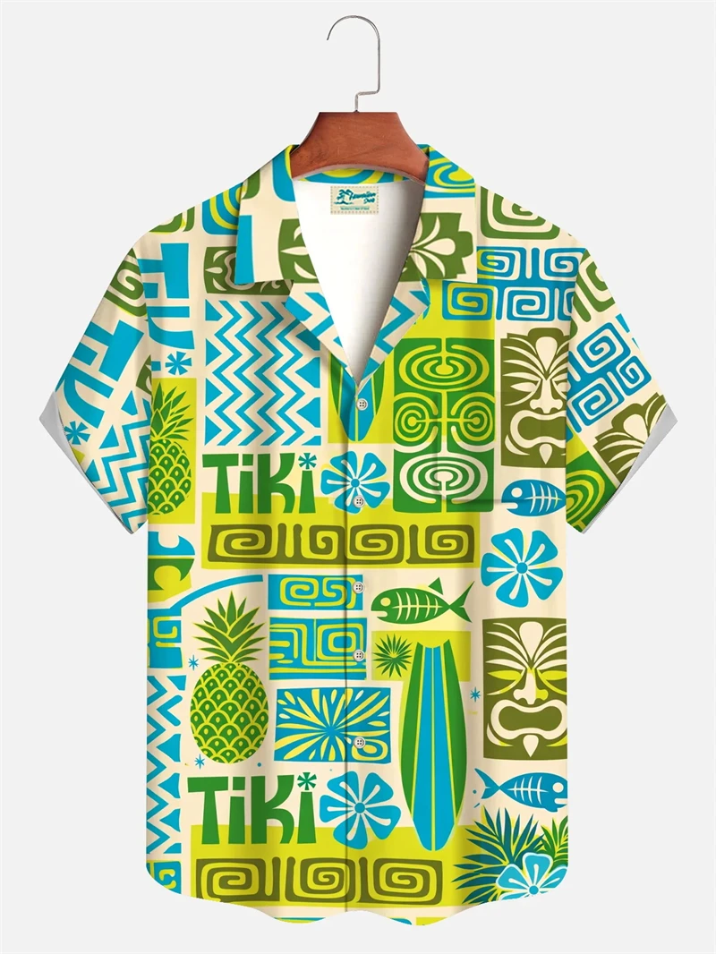 

Men's Retro Tiki Hawaiian Shirt Classic Colorful Wave & Tribal Mask Print Casual Short Sleeve Button Summer Beach Shirt Daily