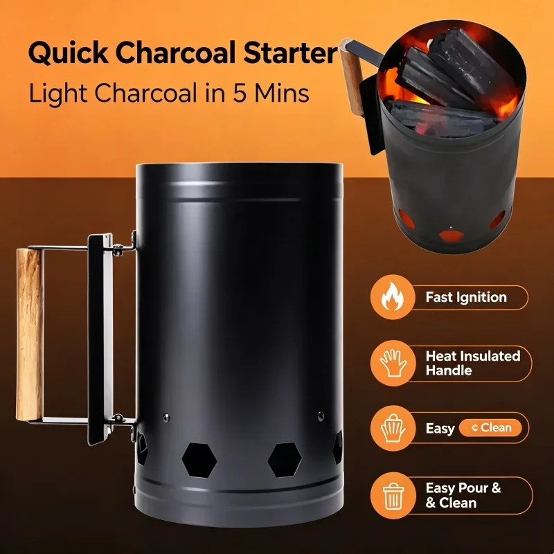 Portable Thickened Charcoal Chimney Starter Quick Light Heat Resistant Heavy Duty Fire Starter for Outdoor Camping BBQ Grill