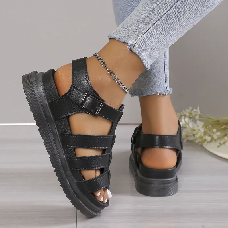 2024Fashion Summer New Beach Flat Bottom Cake Thick Sole Single Shoe Snap Open Toe Black Large Women\'s Sandals 35-43