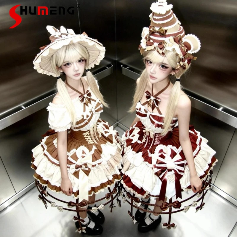 

Y2k Luxury Vintage Pink Brown Lolita Dress Romantic Heavy Ruffle Trim Big Bow Belt Puffy Tulle Dresses Sweet Party Gown Vestidos