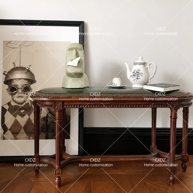 Retro Solid Wood Entrance Bench Green Leather Engraved Makeup Stool Shoe Changing Stool Bedside Stool Custom Furniture