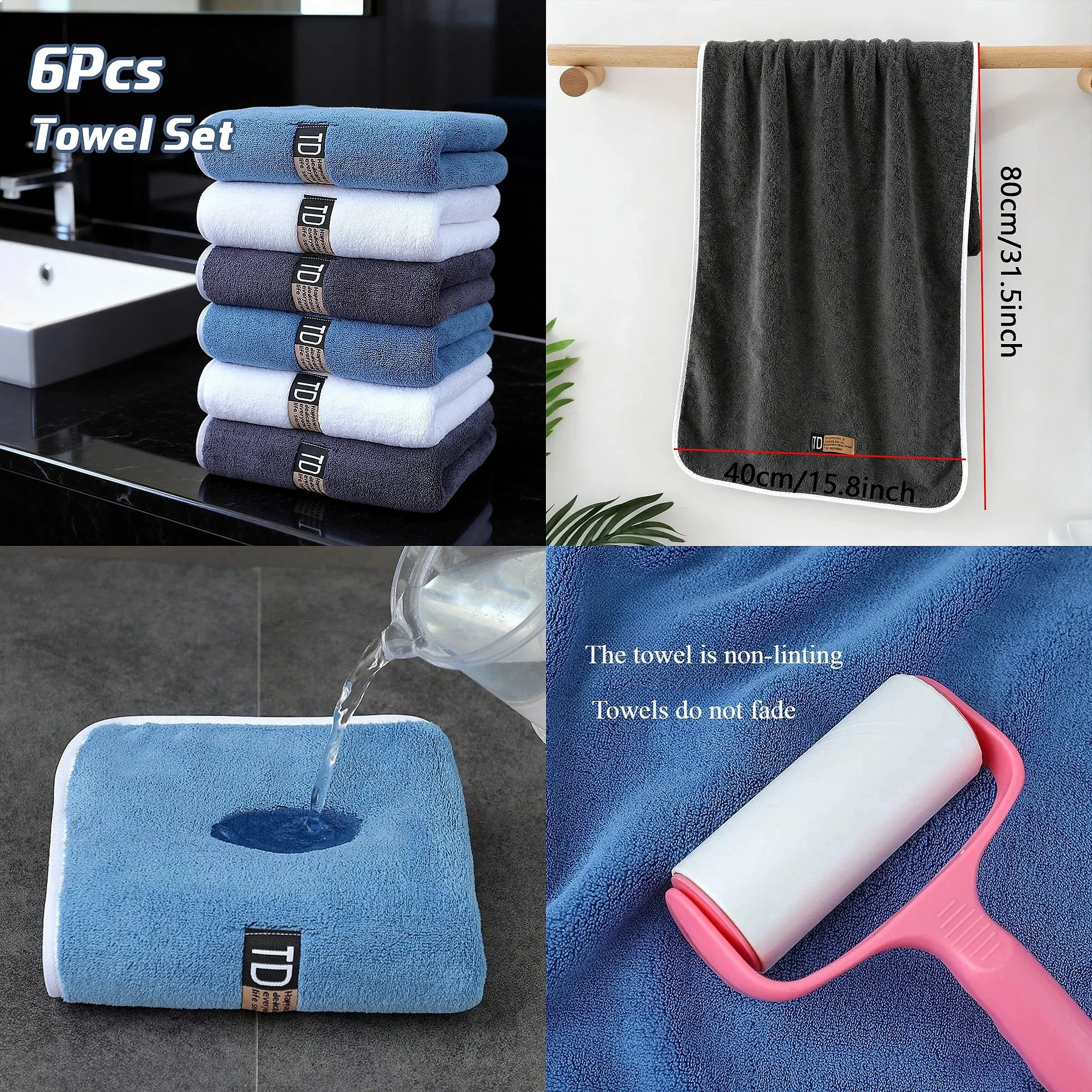 6pcs Thickened Microfiber Towel Set 40x80cm Absorbent Quick-Drying Car Wash Gym Travel