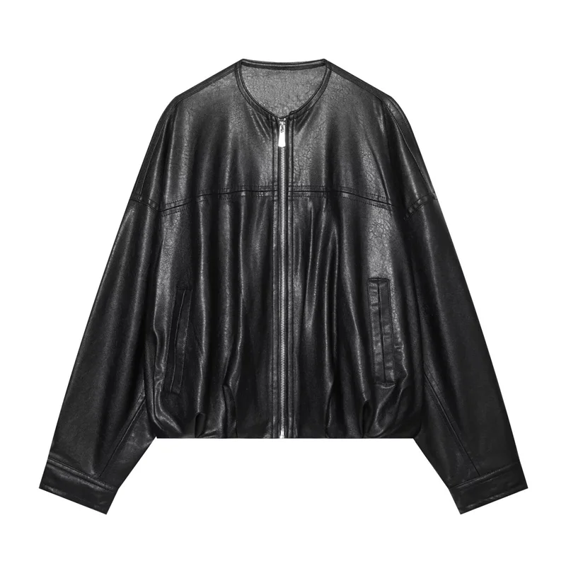 Guobioziy 2026 Women's Jacket Fall New Arrival Black Long-Sleeve Faux Leather Loose Fit Jacket Parka Biker Style
