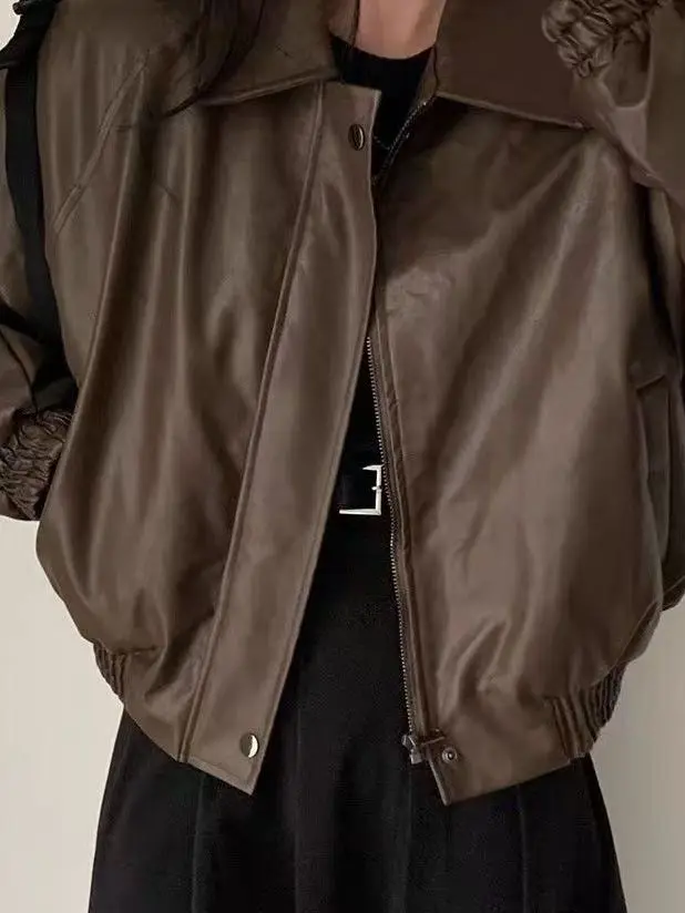 2025 Autumn Winter Thiened Fce Lined PU Leather Jaet Women's Loose ort Outerwear Korean Sle Warm Straight Cut