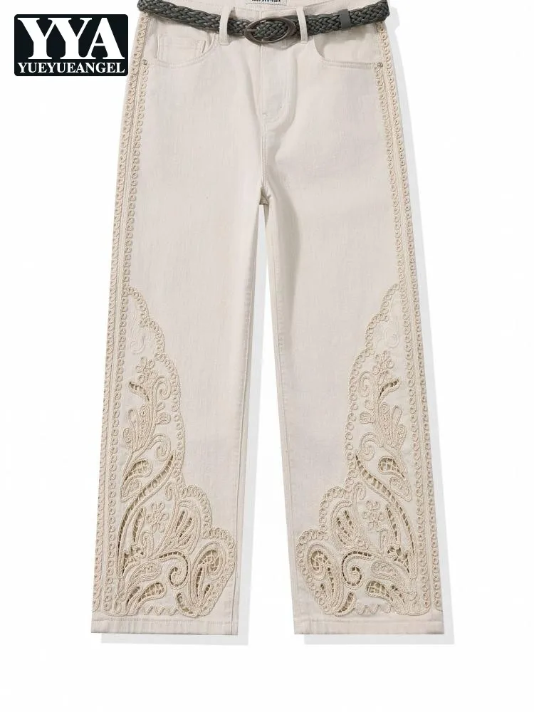 Chinese Style Belt Embroidery Leisure Jeans Solid Color Button High Waist Straight Denim Pants Fashion Female Pockets Trousers