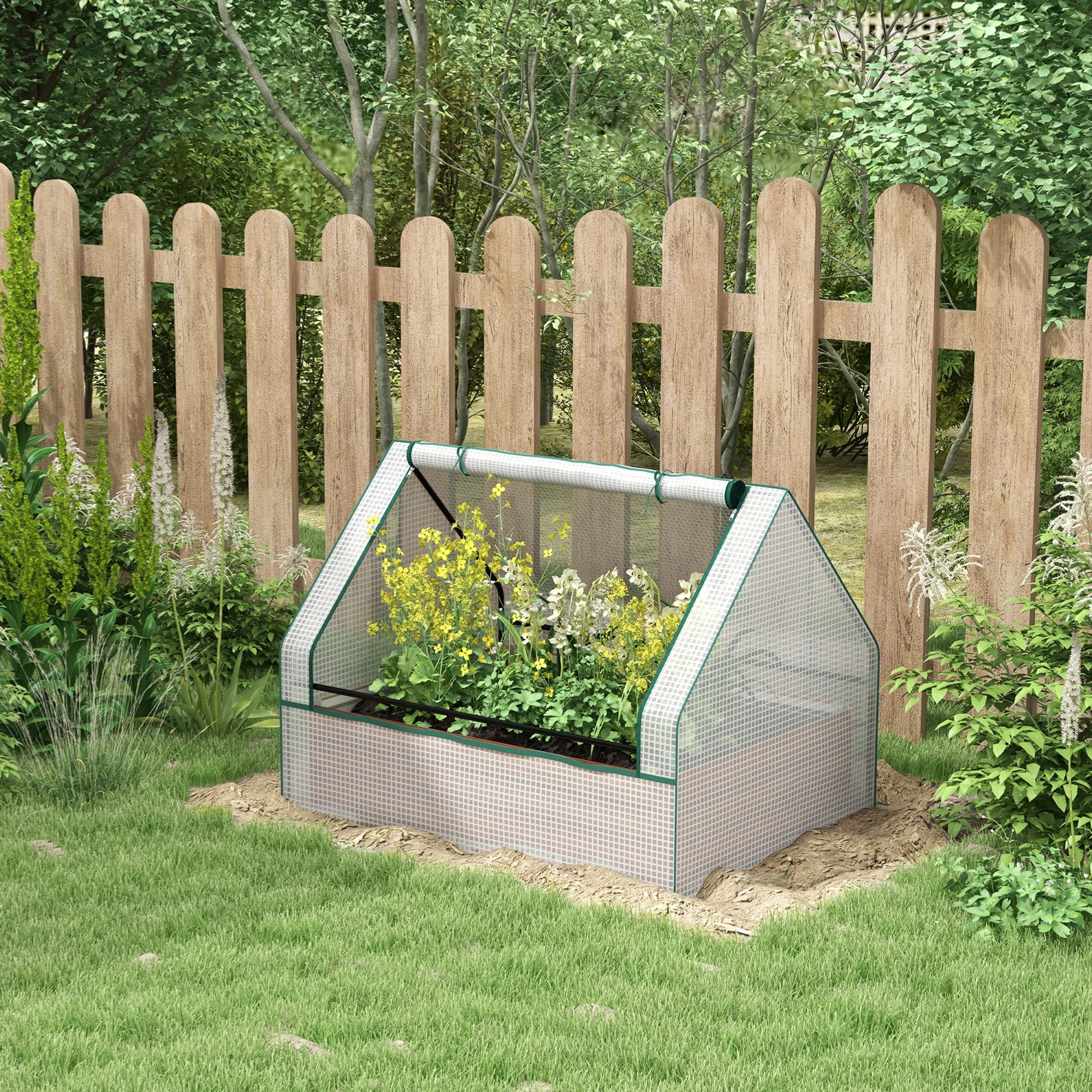 Outsunny Raised Garden Bed with Small Greenhouse, White and Brown