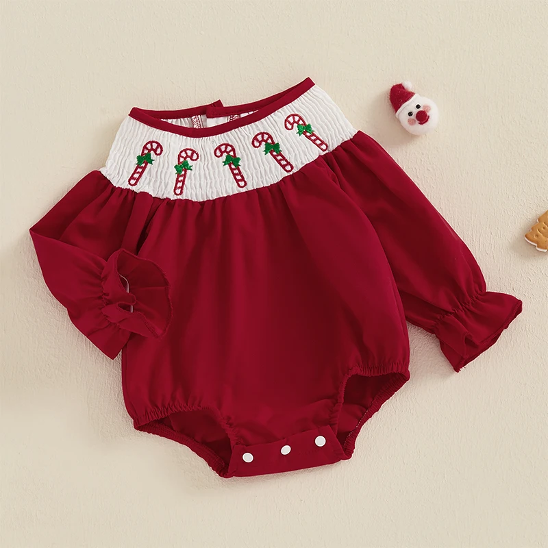 Baby Girls Christmas Romper Candy Cane Pattern Long Sleeve Jumpsuits with Headband for Newborn Infant Toddler