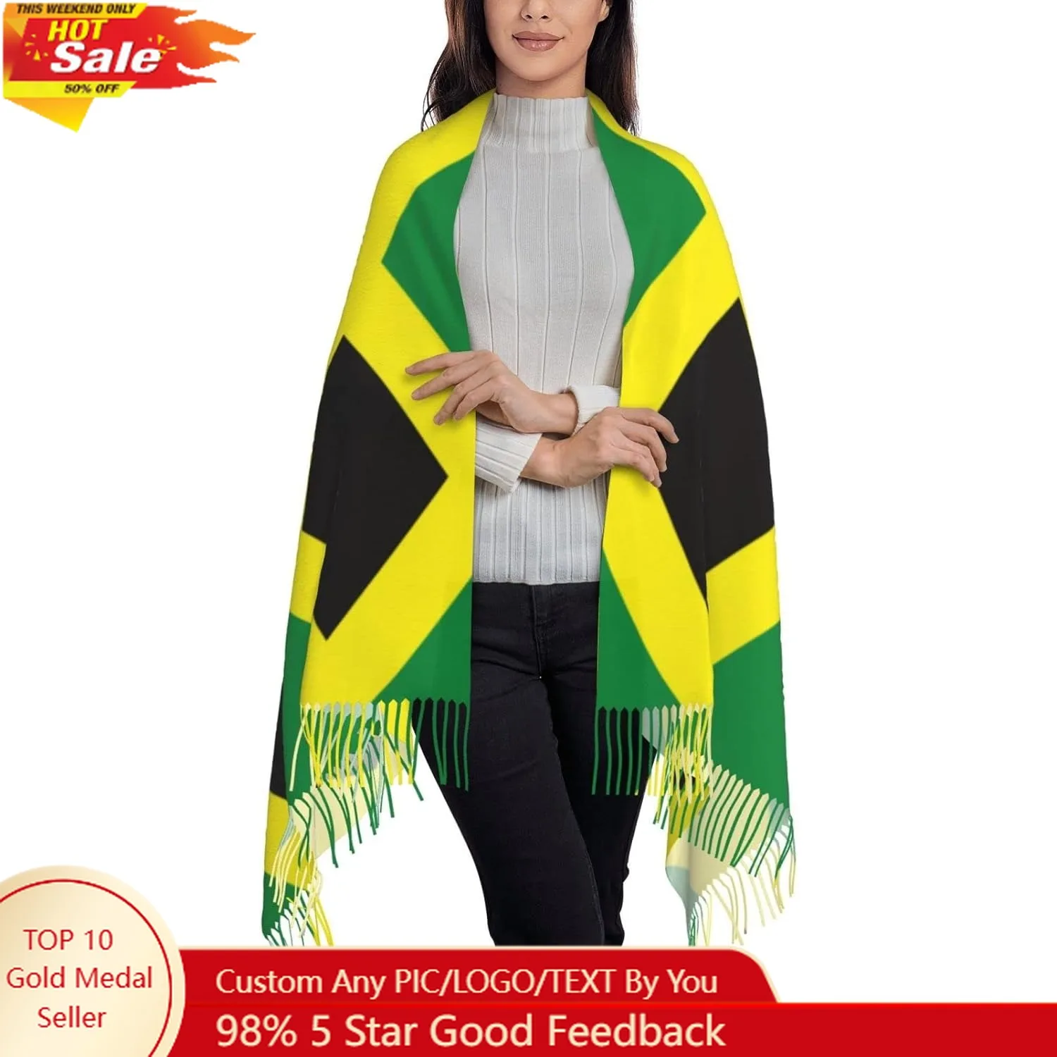 

Jamaican Flag Pattern Scarf Long Shawl Wraps Pashmina for Women Girls with Tassels Soft Warm Cozy