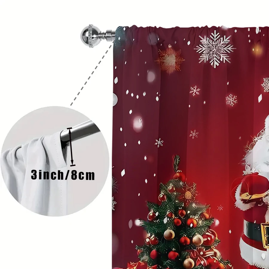 2PCS Digital Print Curtain, Santa Claus with Christmas Tree and Gift Boxes on Red Snowy Background, for Living Room Window Decor