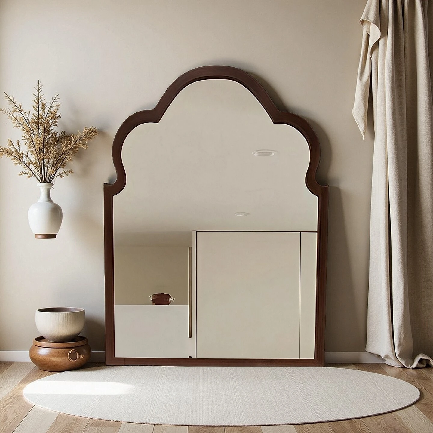 Wall Mounted Makeup Mirror 50cm X 35cm Irregular Design with Wooden Frame Window Decorative Bathroom Vanity Mirror view 5