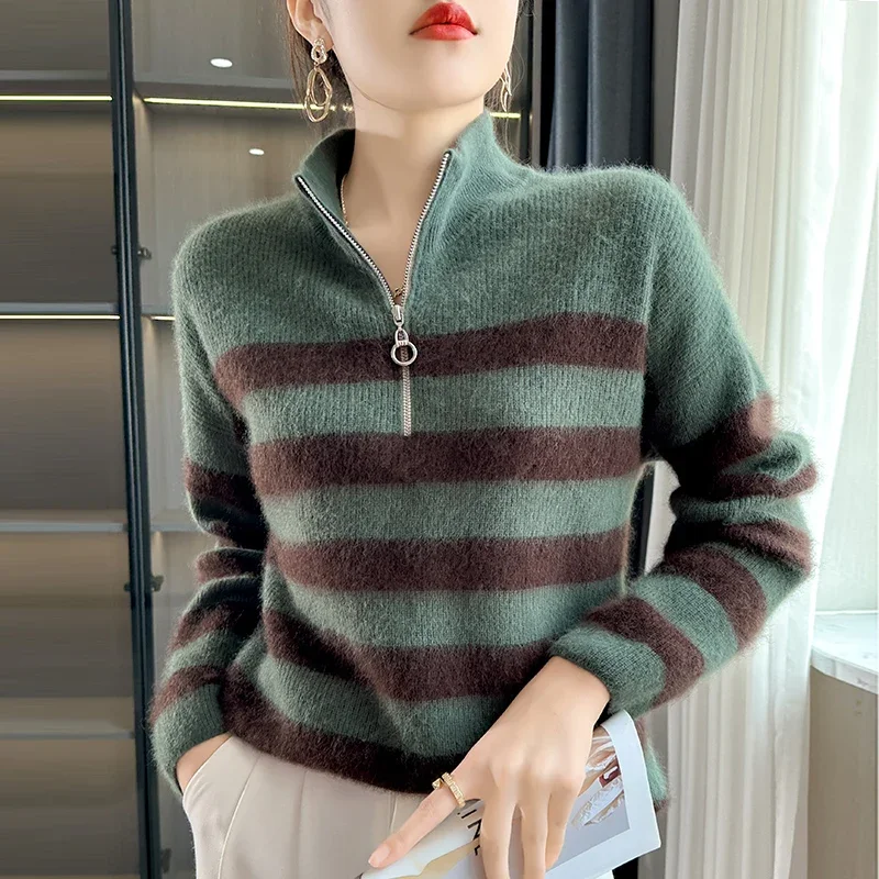 Cashmere Sweater for Women Zip-up Stand-up Collar Pullover Hot Selling Classic Striped Knit top Wear Warm in Autumn and Winter