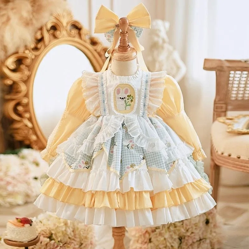 Baby Girl Velvet Yellow Lace Lolita Princess Dress Infant Toddler Children Vintage Layer Tulle Vestido Christmas Baby Clothes