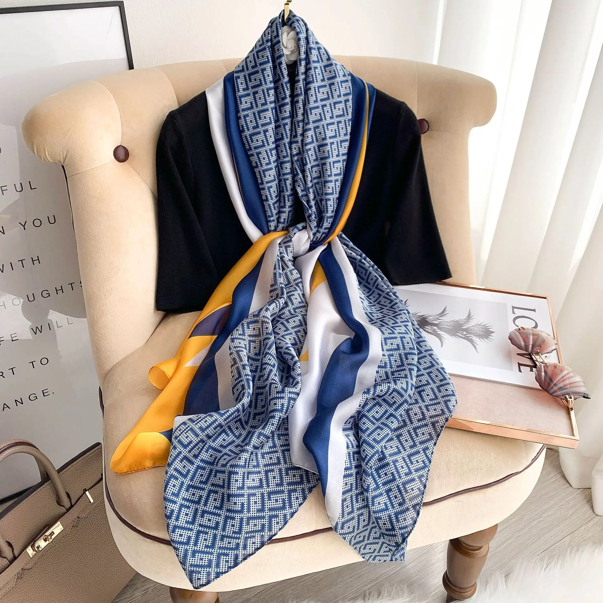 Bufanda de seda clásica para mujer, chal de Hijab con estampado de moda grande, de 180x90cm, para oficina, pareo