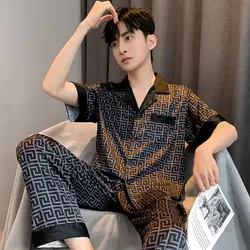 High-end Pajamas Men Ice Silk Short Sleeve Simulation Silk Spring Autumn Home Clothes New Summer Thin Extra Size Nightgown Suit