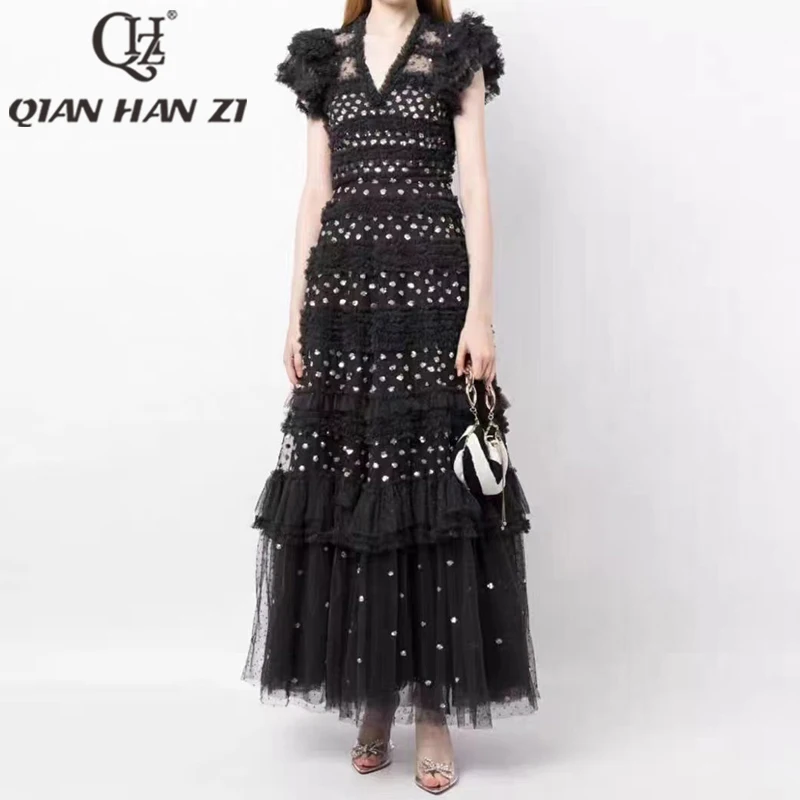 

QHZ Designer Fashion retro Party Maxi Dress woman high-quality Mesh Lace embroidery Folded edge Ruffled Slim luxury Long dress