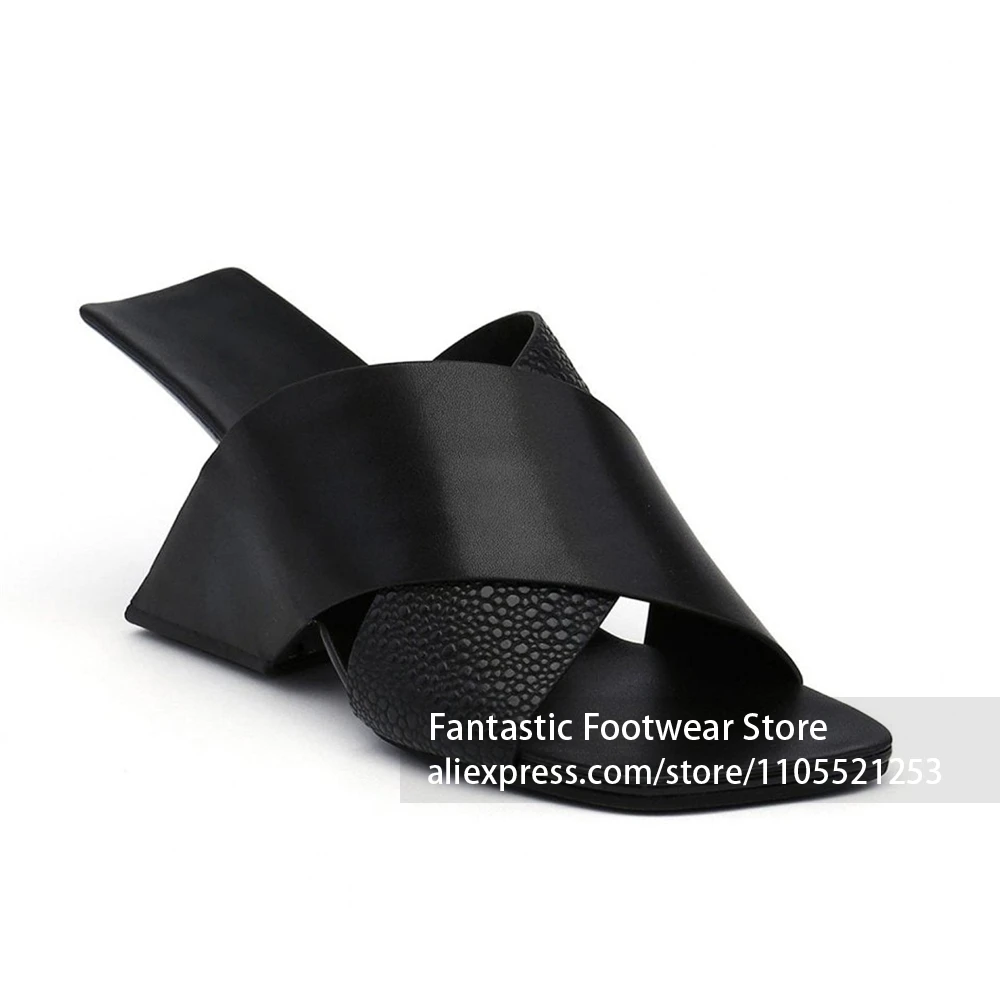 Smooth And Pebbled Contrast Surface Mules Square Open Toe Mule Slip-on Slide Mule Design Wedge Sandal Mixed Texture Leather Mule