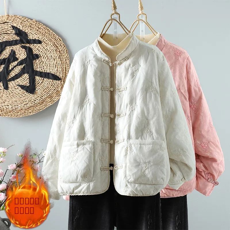

Retro Chinese Sle Embroidered Cotton Jaet Women's Winter New Light Thin ort Outerwear Stand Collar Button Cotton Coat