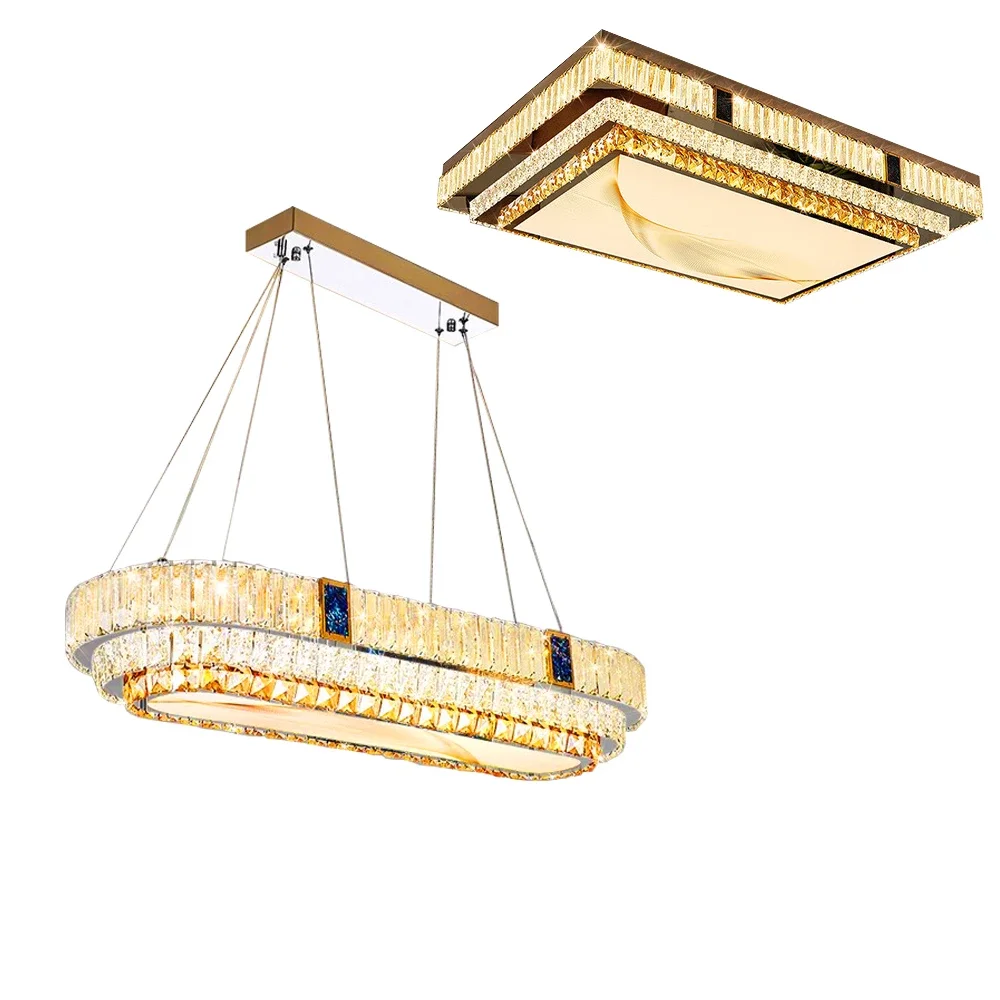 

Luxury Crystal Ceiling Chandelier Long Rectangle Hanging Lamps Above Dining Table Modern Light Fixture