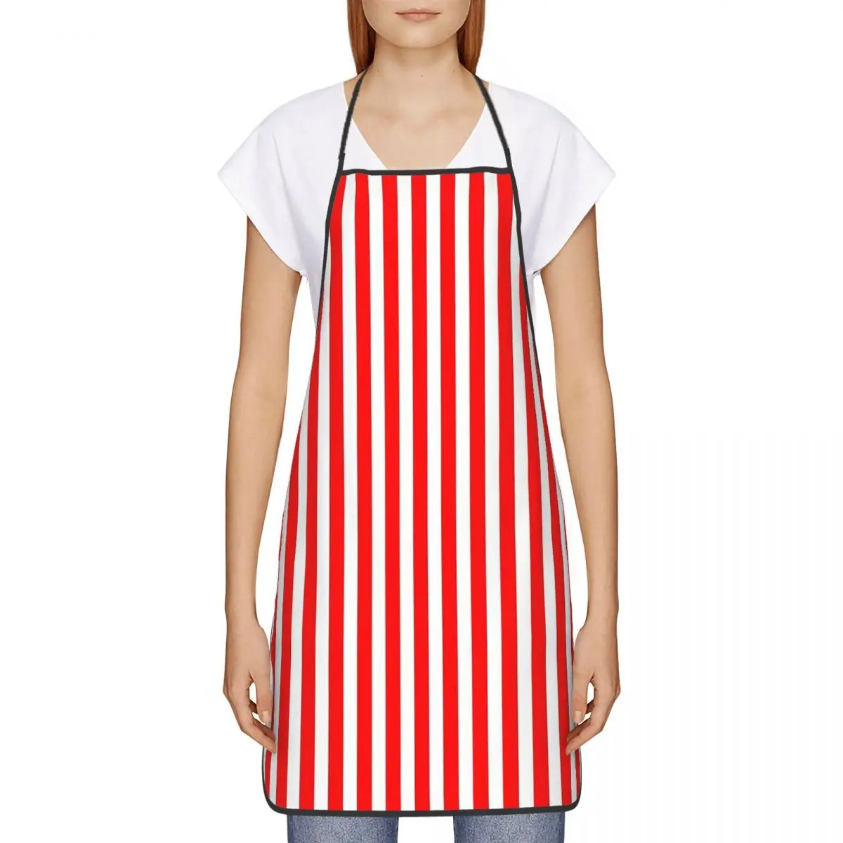 Classic Red And White Vertical Stripes Apron for Women Men Kitchen Chef Cooking Tablier Household Bib Baking Cleaning Adult