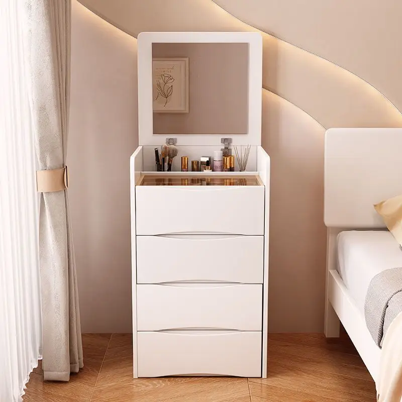Cream Modern Minimalist Wood Flip Top Vanity Table with LED Lighted Mirror Storage Cabinet Bedroom Home Decor Novelty New Indoor