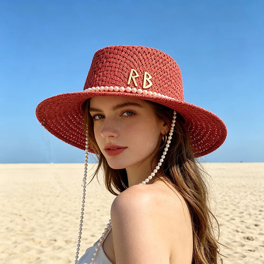 2026 European Fashion Letter Pearl Chain Straw Sun Hat for Women, Summer Beach UV Protection Cap