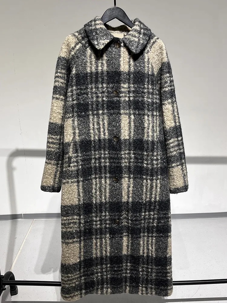 Retro Fashion Long Plaid Woolen Coat Women's Casual Style Outerwear Spring Autumn Winter Seasonal  Collar Button Closure