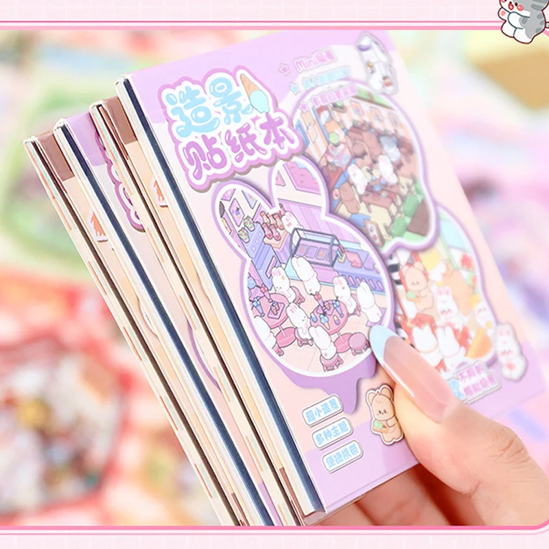 Livro de adesivos de cena em miniatura de desenho animado de 21 peças-mini materiais de diário de casa de campo 3D, decalques de colagem artesanais criativos DIY