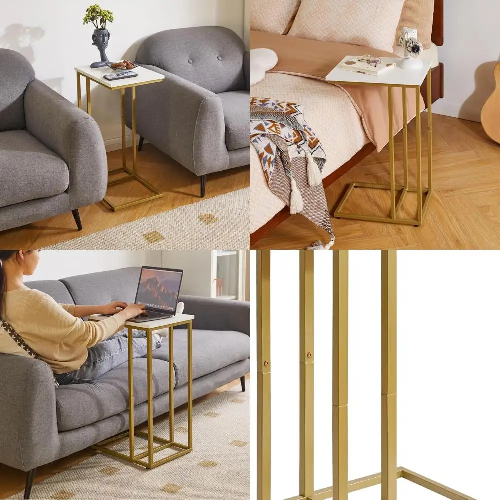 

C-Shaped Small Side Table, White & Gold Accent Table for Living Room/Bedroom, 16x12x25 Inches