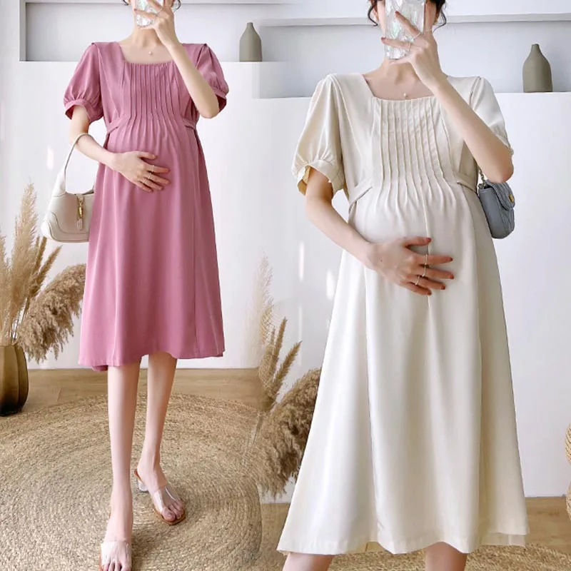 Maternity Summer Dresses New Short-Sleeved Women French Large Size Maternity Dress Loose Belly-Shading Knee-Length Dresses