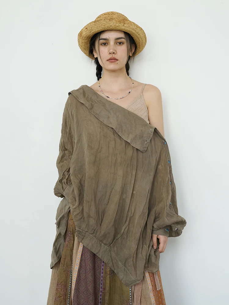 

Women's Summer Loose Linen irt Cool Hanging oulder Yang Cover up Top Original Design Long Sve One-oulder Zinc White