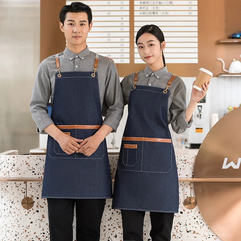 Unisex Denim Kitchen Apron Cross Back Professional Work Aprons Restaurant Waiter Chef Mandiles Salon Nails Barber Avental Custom