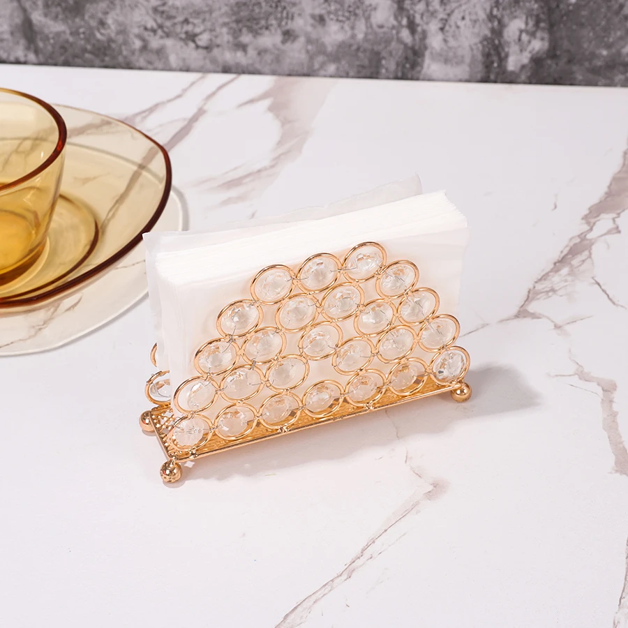 1pc Golden Crystal Napkin Holder Rhinestone Semicircle Napkin Holder with Flower Base,Gold Napkin Storage Rack For Dining Table