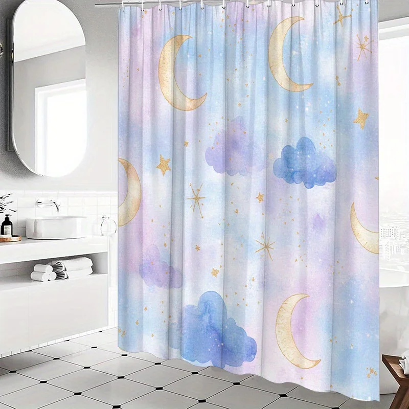 

Занавеска для душа Dreamy Pastel Sky — полумесяц и звезд, градиент от светло-голубого до розового цвета, 70,8 дюймов, 12 крючков