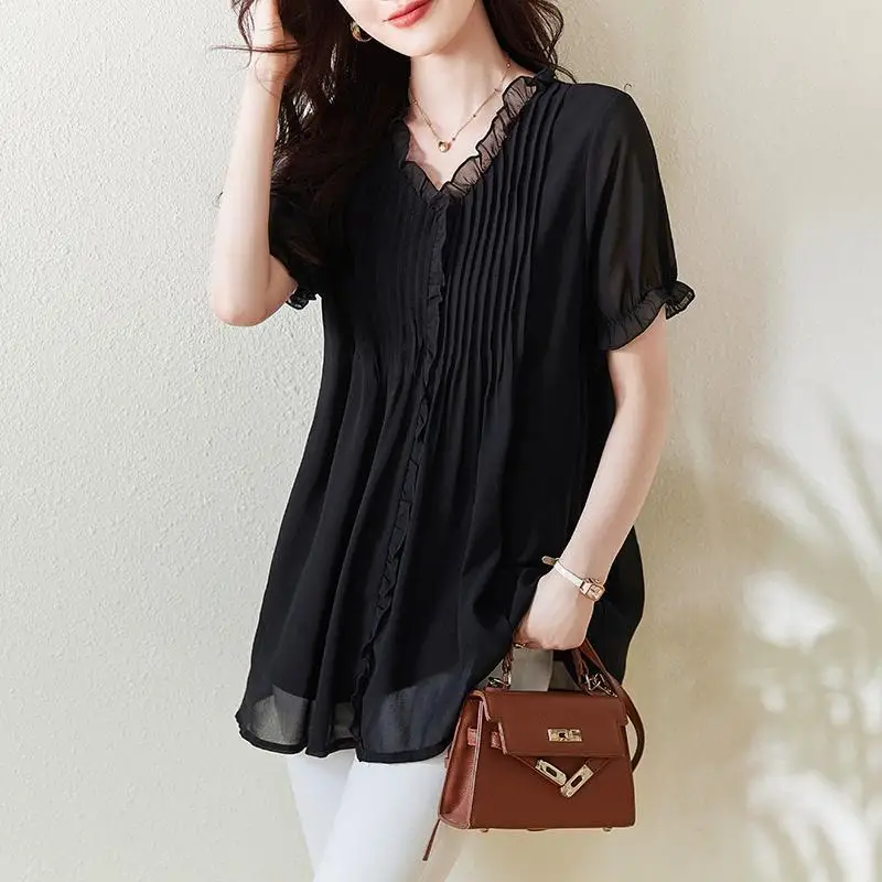 Pendelen Geplooide Effen Kleur Blouse Zomer Korte Mouw Stijlvolle Eetbare Boom Schimmel Basis Vrouwelijke Kleding Elegant V-Hals Shirt Nieuw