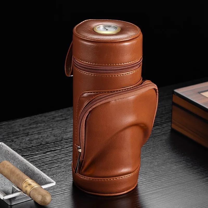 Cow Leather Multifunctional Cigar Holder With Pocket, Cedar Wood Lining And External Thermometer Cigar Box.