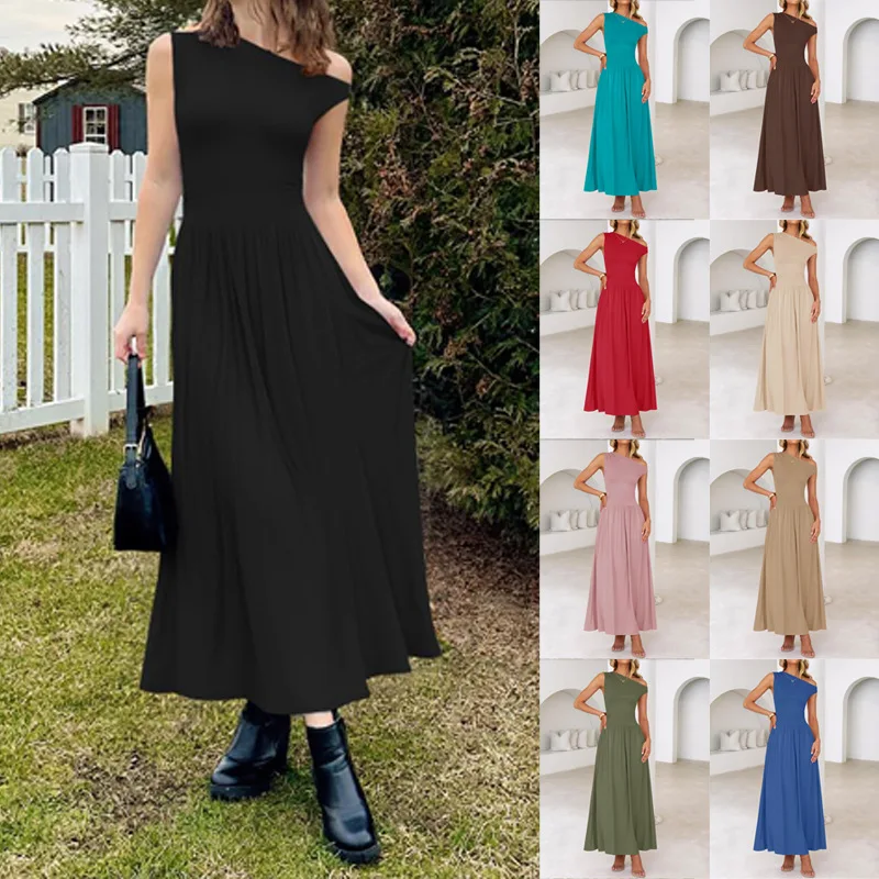 

Женское платье с наклонными плечами и карманами, новое летнее тонкое облегающее платье без рукавов с высокой талией, сексуальное платье